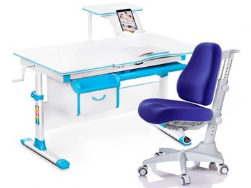Комплект растущая парта + стул Mealux EVO Evo-40 BL (арт. Evo-40 BL + Y-528 SB) / (стол+полка+кресло) / белая столешница / цвет пластика голубой в Шадринске